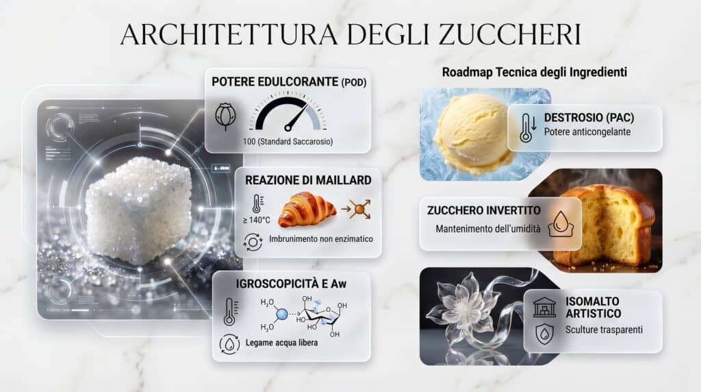 Infografica sull'architettura degli zuccheri e la cristallizzazione in pasticceria, lezione avanzata del Corso per Pasticcere di Chef Academy.